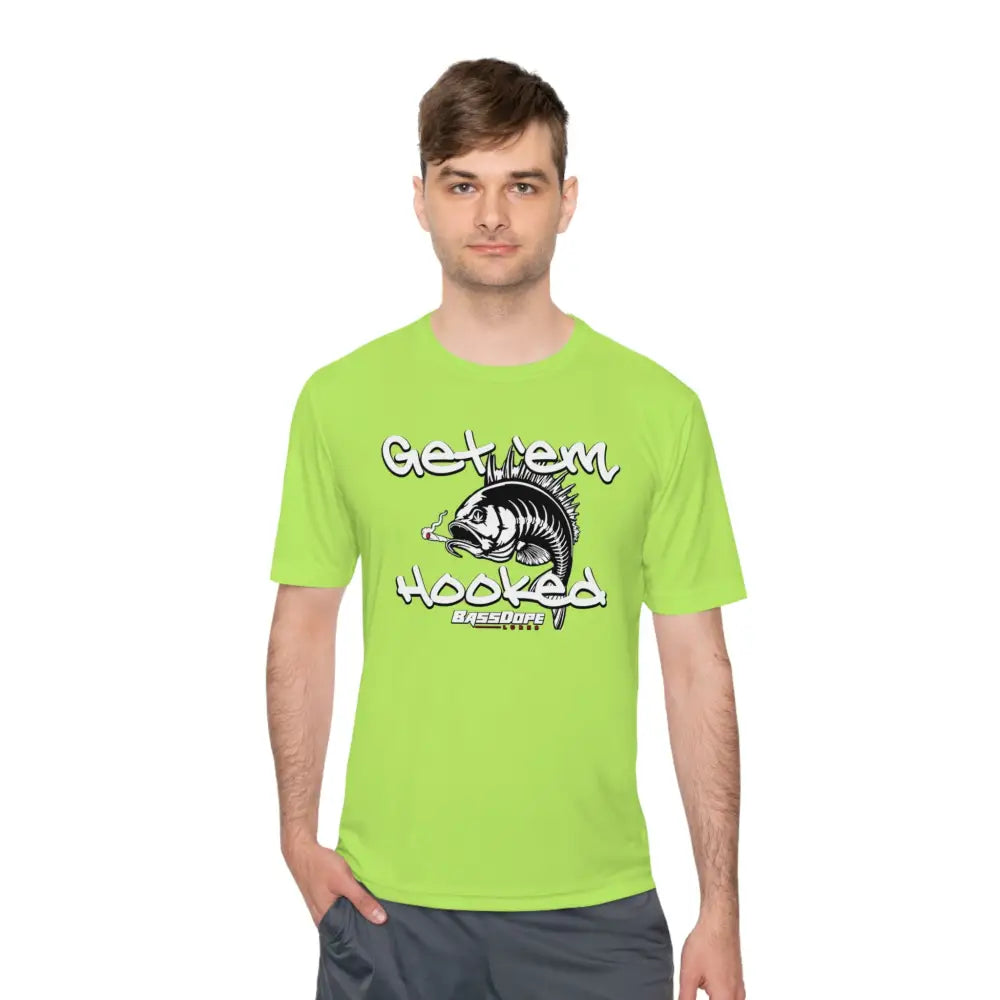 Bassdope Get ’em Hooked Unisex Moisture Wicking Tee - Lime Shock / XS - T-Shirt