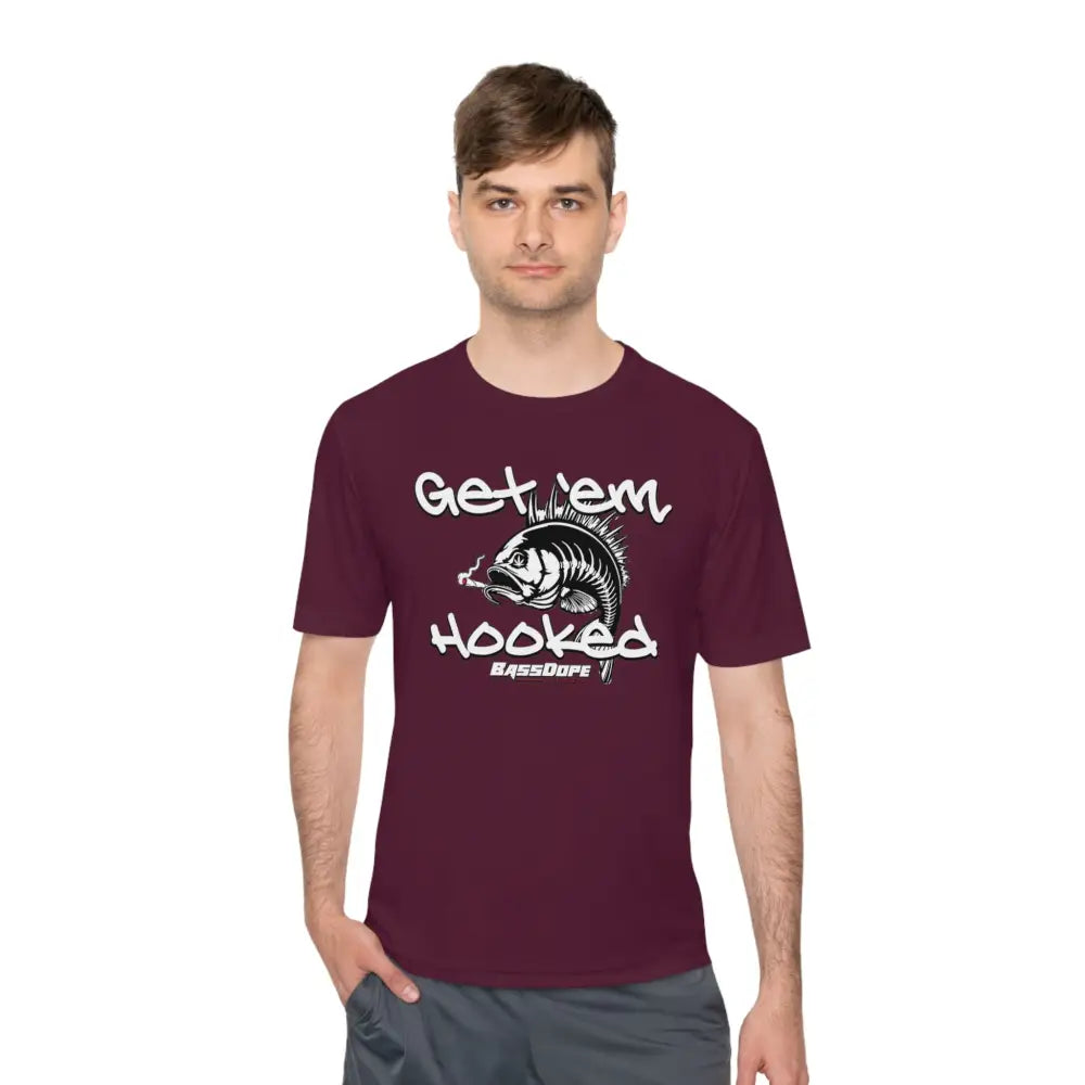 Bassdope Get ’em Hooked Unisex Moisture Wicking Tee - Maroon / XS - T-Shirt