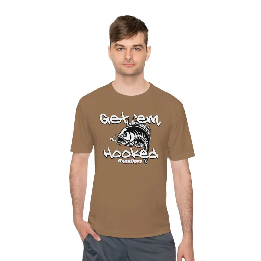 Bassdope Get ’em Hooked Unisex Moisture Wicking Tee - Woodland Brown / XS - T-Shirt