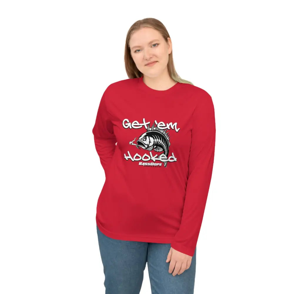 Bassdope Get ’em Hooked Unisex Performance Long Sleeve Shirt - Sport Red / XS - Long-sleeve
