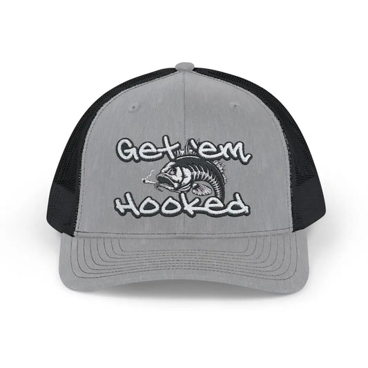 Bassdope Get ’em Hooked Snapback Trucker Cap - Heather Grey / Black / One size - Hats