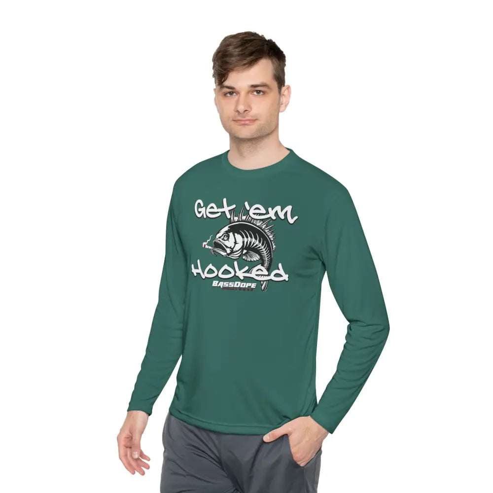 Bassdope Get ’em Hooked Unisex Lightweight Long Sleeve Tee - Forest Green / XS - Long-sleeve