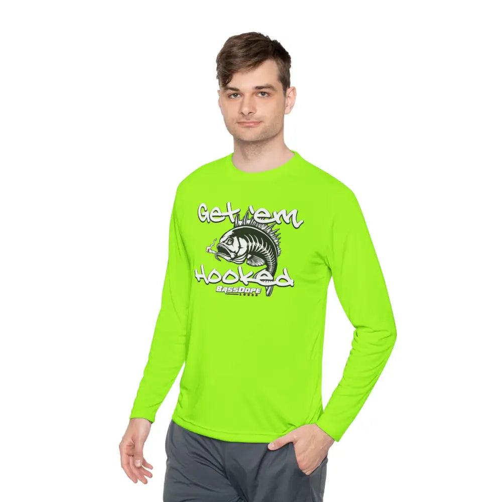 Bassdope Get ’em Hooked Unisex Lightweight Long Sleeve Tee - Lime Shock / XS - Long-sleeve