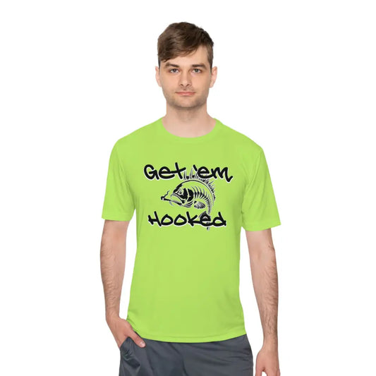 Bassdope Get ’em Hooked Unisex Moisture Wicking Tee - Lime Shock / XS - T-Shirt